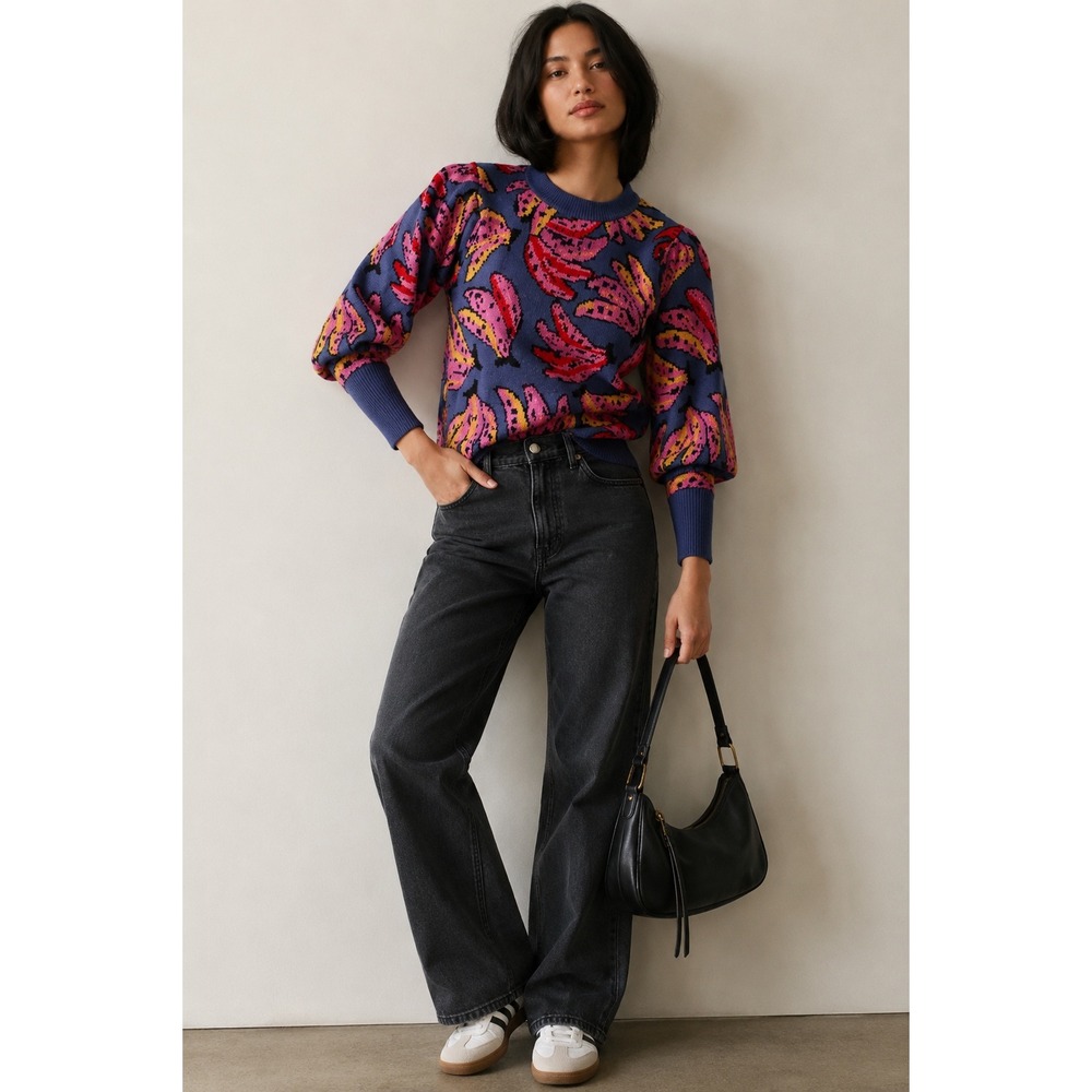 Farm Rio Banana Bunch Bishop Sleeve Sweater Blue Pink XS